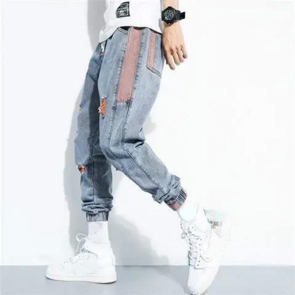 Ripped 9-point Jeans Men's Summer Leggings Pants Trendy Brand Loose Feet Pants Trendy Nine-point Pants