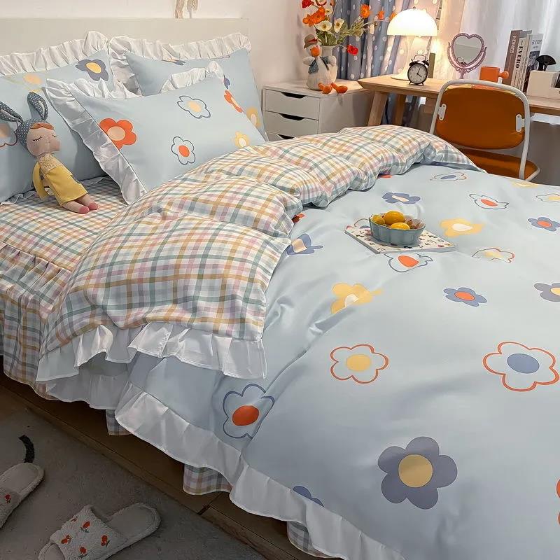 Four-piece Korean Princess Style Cotton Brushed Bed Sheet Quilt Cover Sheet Couple Double Bedroom Bedding