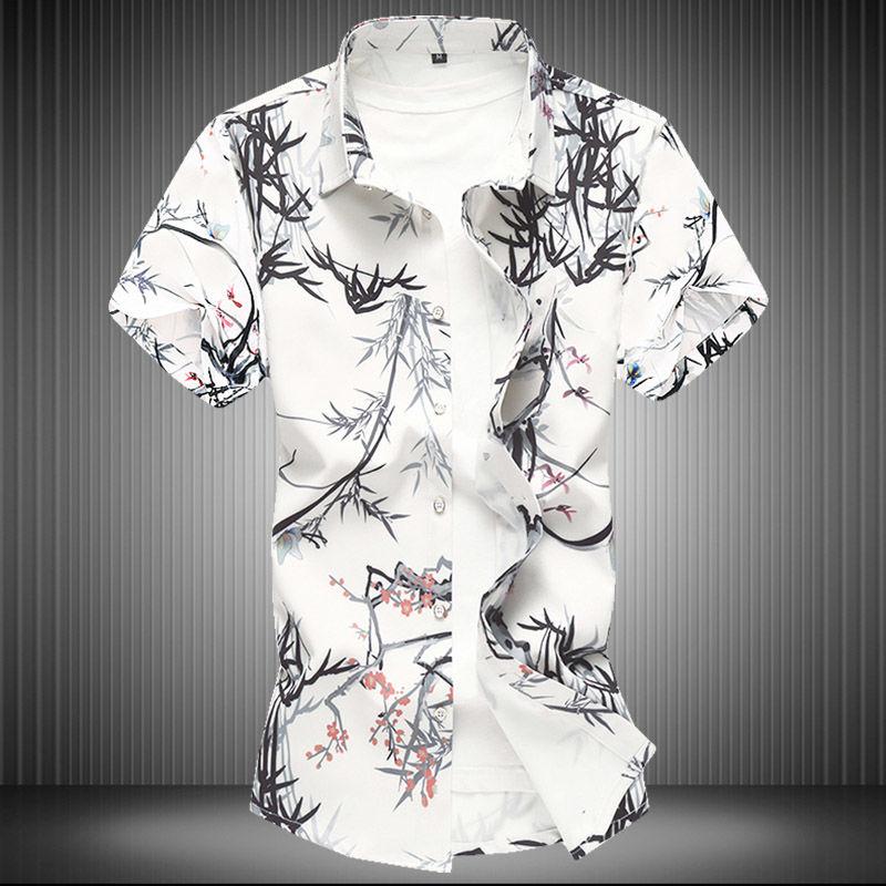 Summer Men's Short-sleeved Floral Shirt Stretch Digital Printing Plus Fertilizer To Increase Youth Casual Short-sleeved Floral Shirt