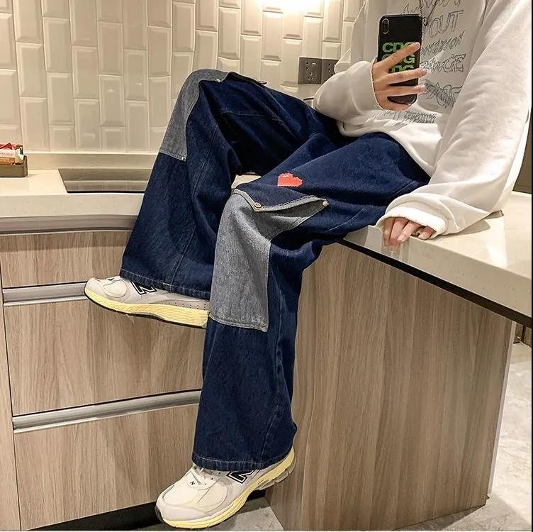 Tide Brand Straight Jeans Men's Spring and Autumn Trend All-match Pants Loose Mopping Trousers Love Design Wide-leg Pants