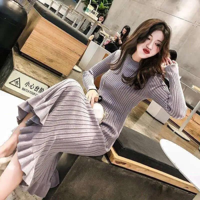 Long Over-the-knee Lazy Knit Sweater Large Swing Dress Slim Fit Versatile Bottomed Fishtail Skirt Women's Long Sweater Comfortable and Warm