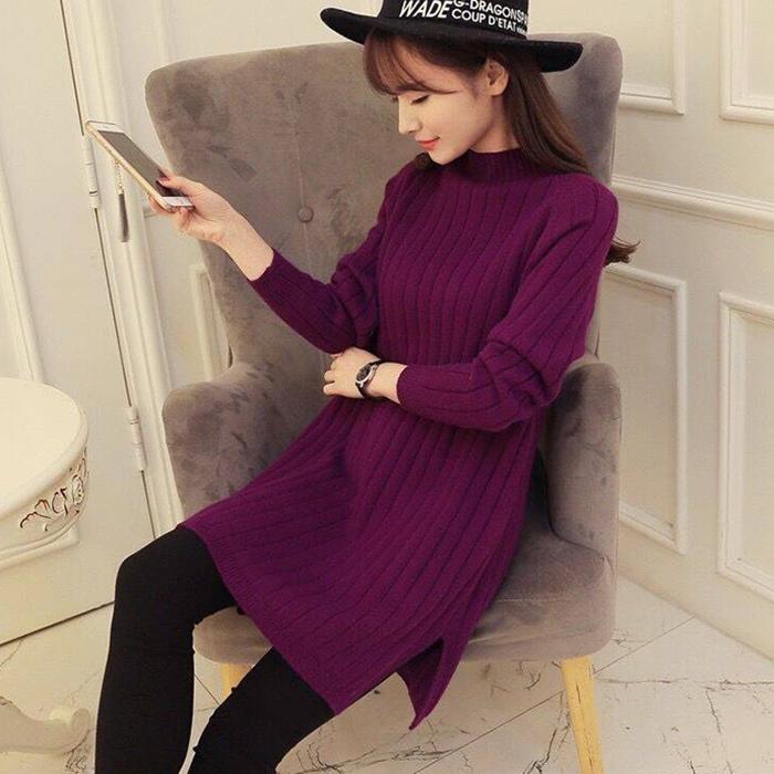 Women Round Collar Warm Pullover Sweater Dress Stripe Knitted Bottoming Shirt Knit Dress