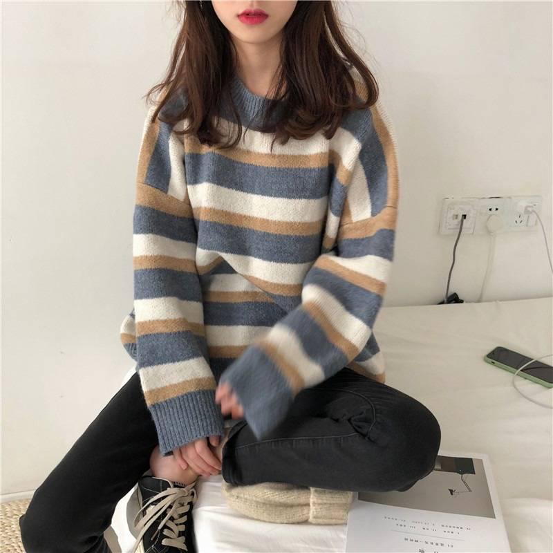 Pofulove  Hit Color Striped Sweater Women Korean Lazy Loose Was Thin Bottoming Sweater Fashion