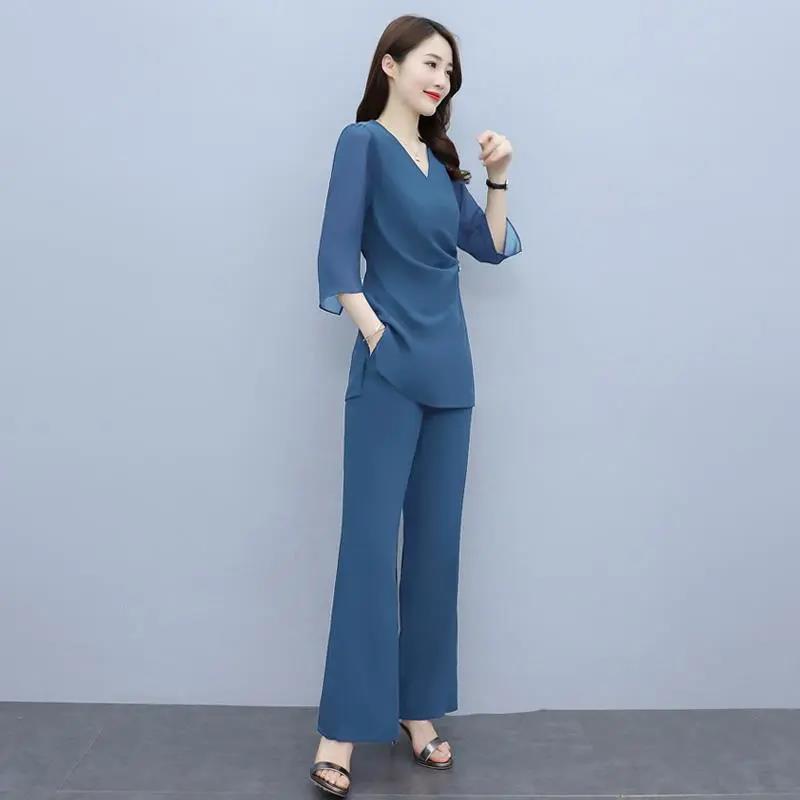 Solid Color Wide-leg Pants Suit Women's Summer Chiffon Temperament Professional Leisure Two-piece Fabric Light and Breathable