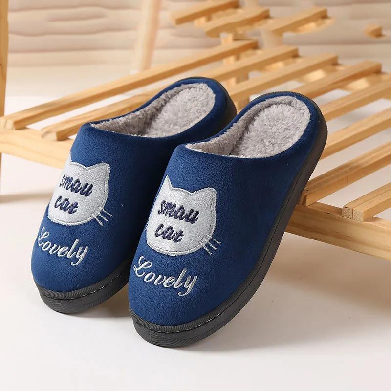 Women Slippers Pink Cute Cat Thick Fleece Warm Home Indoor Couples Plus Size Cotton Shoes Men Blue Slippers Non Slip