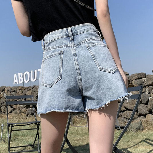 WTEMPO Ripped Jeans High Waist Denim Shorts Women Loose Wide Leg A-line Thin Curled Bottom Casual Shorts