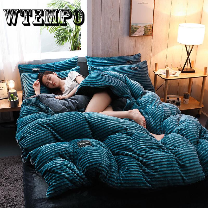 Wtempo Fleece Warm Winter Bedding Bed Duvet Cover Set Flannel Fleece Flat Sheet 4pcs Home Bedclothes