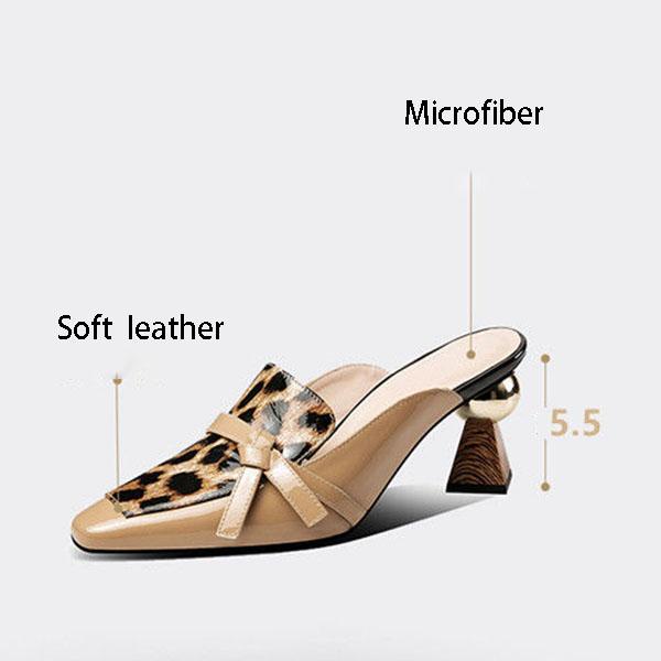 Soft Leather Slippers Women's Summer Comfortable Slippers Square Toe High Heel Sandals and Slippers