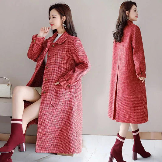 Woolen Coat Women Can't Afford To Ball Mid-length Autumn and Winter Houndstooth Loose Doll Collar Woolen Coat