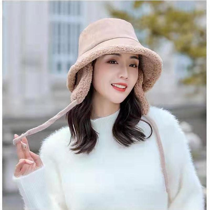 Women's Autumn Winter Korean Hats for Cycling Ear Protection Warm Velvet Fisherman Hat Double-sided Laces Adjustable All Match Lamb Hair Basin Caps