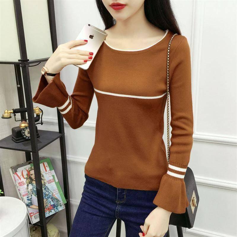 Autumn and Winter Women Sweater All-match Bell Sleeved Shirt Slim One-neck Female Pullover Jumpers