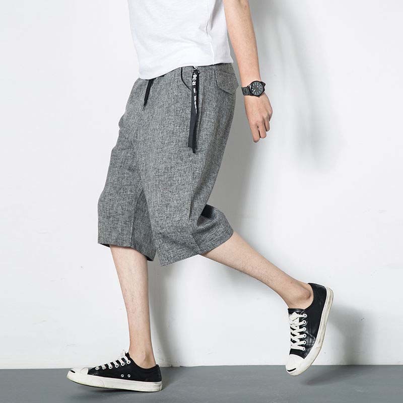 Thin Wide Leg 7 Points Men's Shorts Casual Linen Large Size Loose Cropped Pants Men's Beach Pants Bottoms