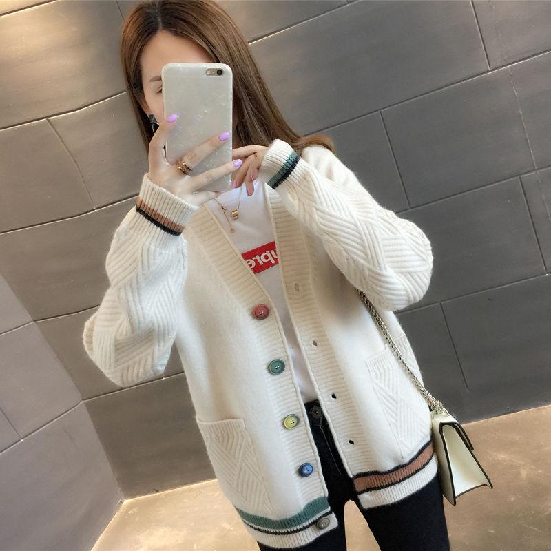 Women's Sweater Jacket Short Spring and Autumn Loose Outer Knit Cardigan Long-sleeved Stitching Color Warm Sweater Jacket