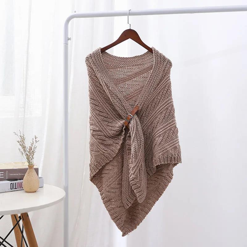 Women's Autumn Winter Knitted Leather Buckle Shawl Scarf Triangle Cloak Keep Warm All-match Solid Color Crochet Dual-use Shawl Scarf