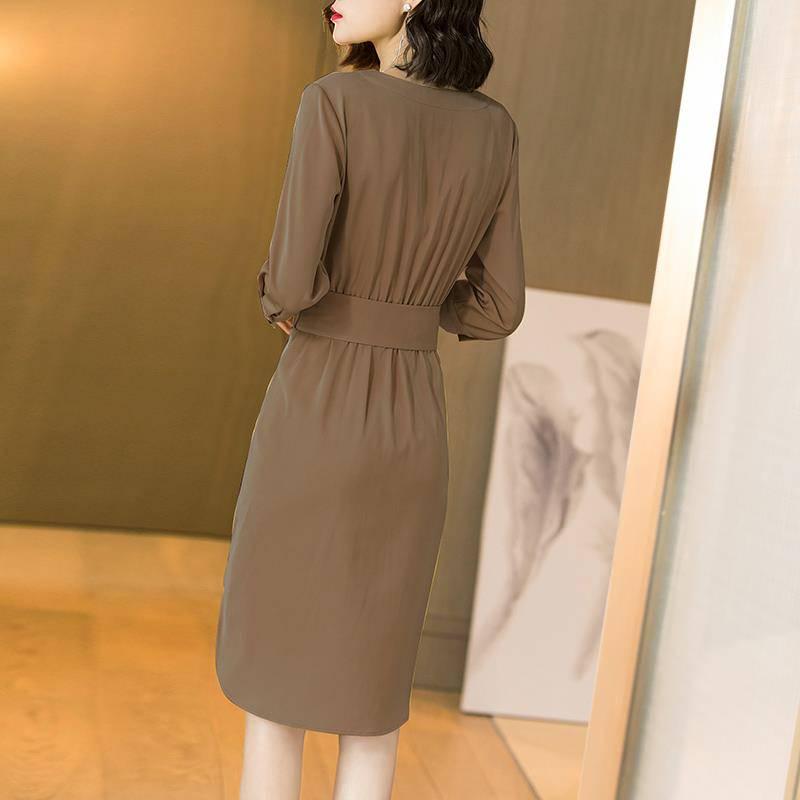 Shirt Dress Women Elegant Button Sash Belt Office Ladies Dresses Summer Ladies Khaki Work Dress