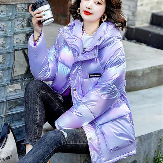 Women's Glossy Mid-length Down Jacket Winter Korean Style Loose Cotton Clothes Casual Hooded Padded Jacket