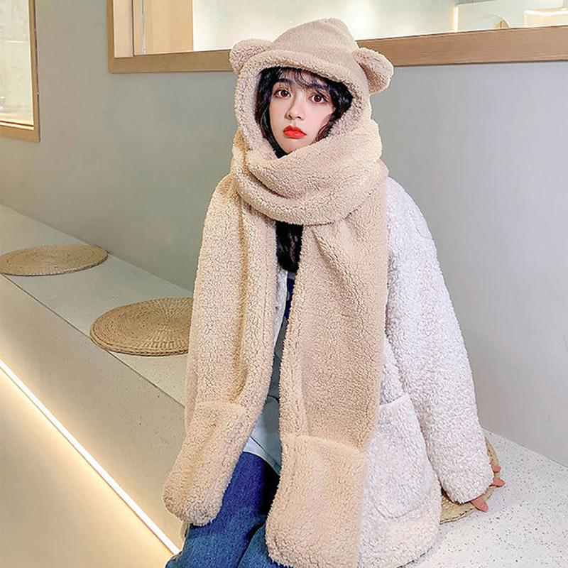 Hat Scarves Cashmere Warm Winter Scarf Pockets Glovers All In One Women Fashion Shawls Cat Ear Cute Kawaii Winter Scarfs