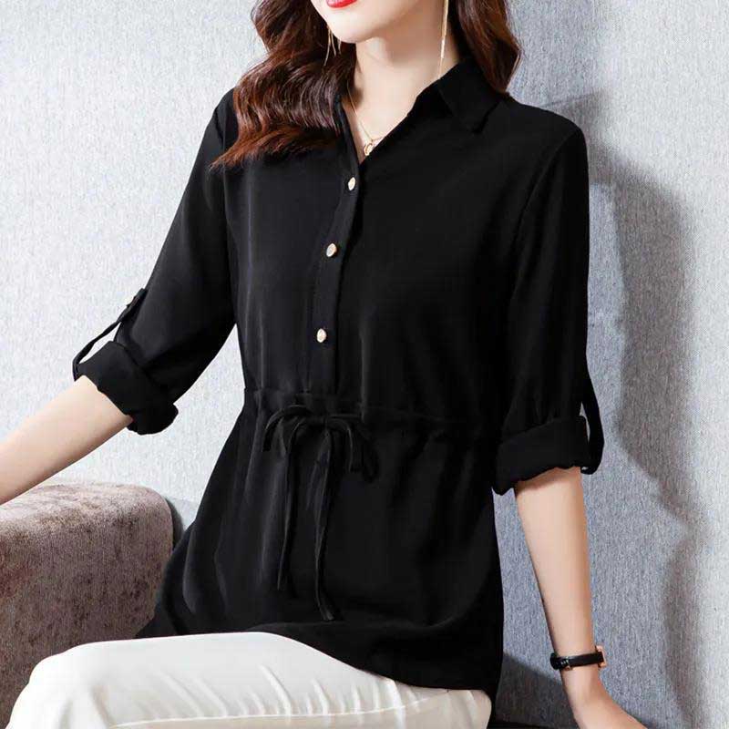 Shirt Women's Spring and Autumn Large Size Long-sleeved Waist Top Mid-length Solid Color Shirt