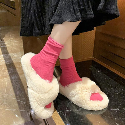 Hairy Slippers Women's Flat-bottom Non-slip Slip-on Slippers Outer Wear Thick-soled Cotton Slippers Home Warm Cotton Slippers