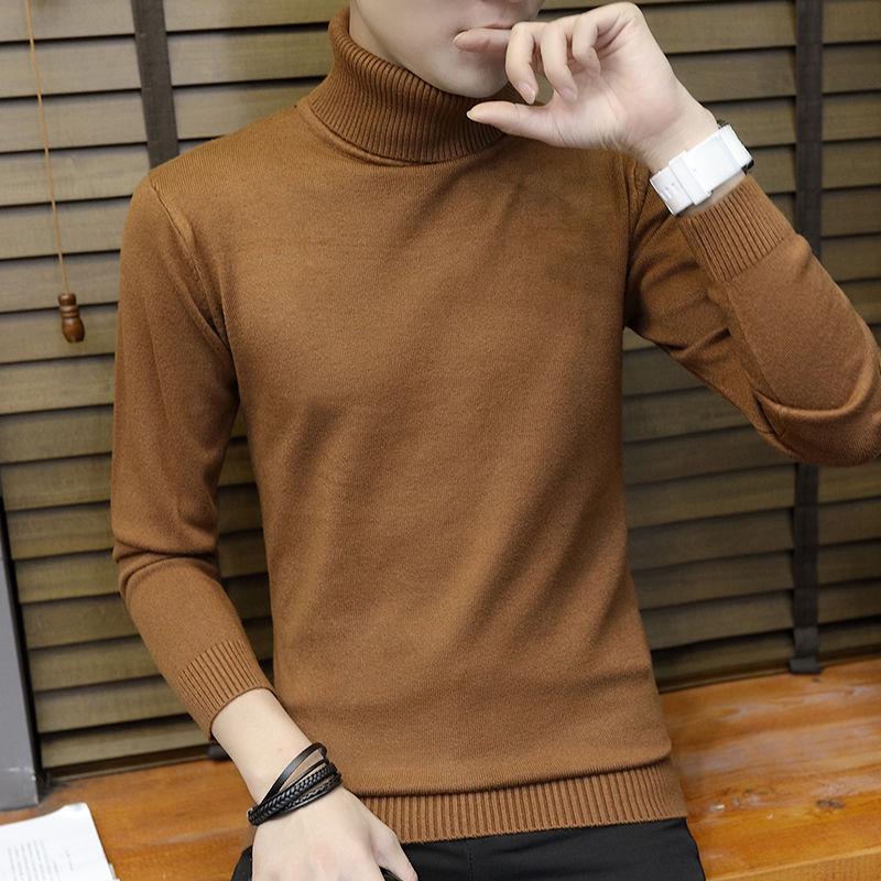 Warm Turtleneck Sweater Men Solid Knitted Mens Sweaters Casual Slim Pullover Male Double Collar Tops