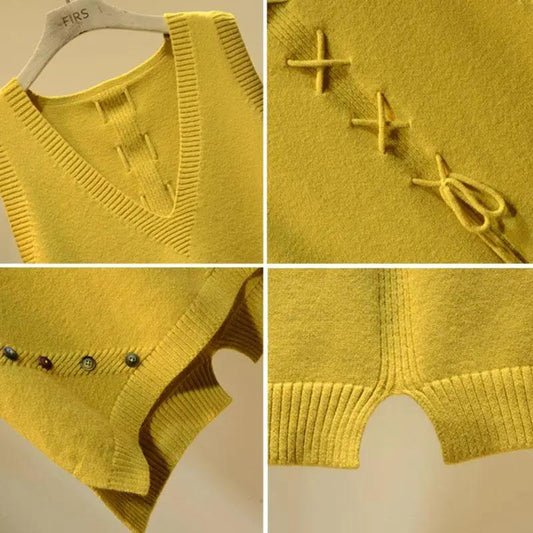 Color Button V-neck Knitted Vest Women Loose and Versatile Back Strap Sweater Vest Ladies Pure Color Vest Thin Sweater