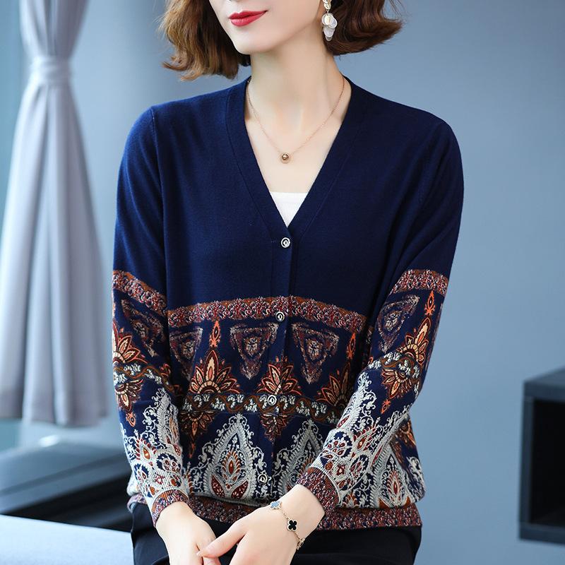 Autumn Winter Cardigan for Women V-neck Printing Sweater Coat Woolen Cardigan