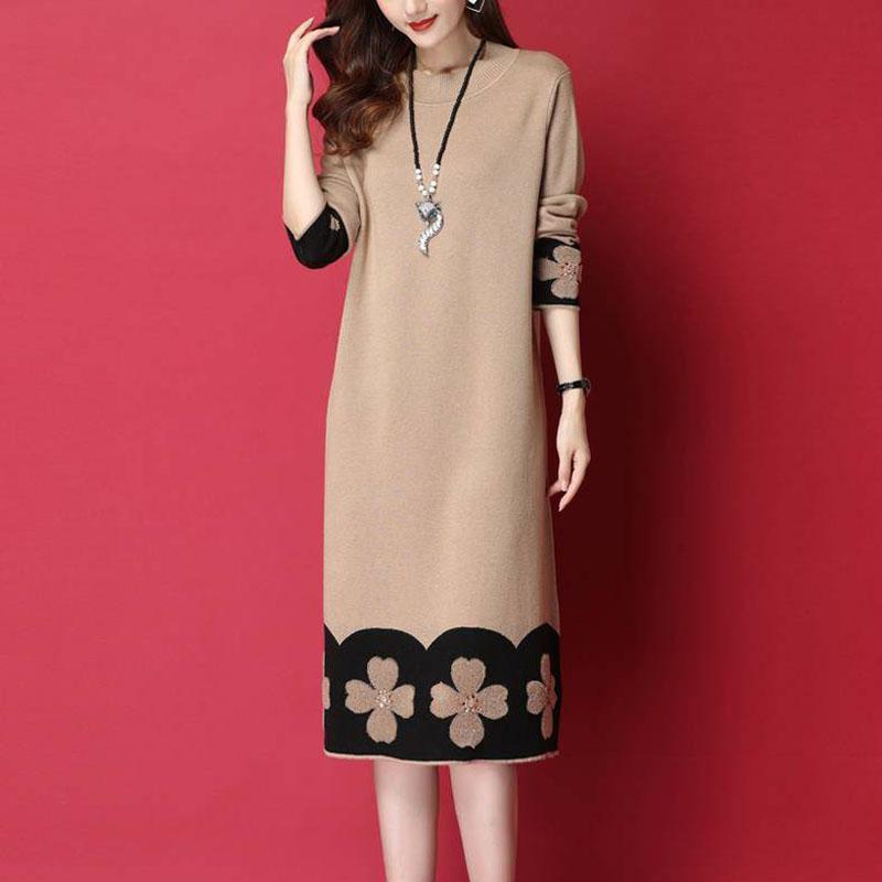 Autumn and Winter Long-sleeved Knitted Dress Large Size Loose and Thin Base Skirt Simple Over-the-knee Women's Sweater Dress