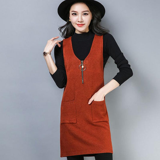 Core-spun Yarn Autumn and Winter Korean Mid-length Bottoming Shirt Loose Knit Camisole Skirt Solid Color Slim Sweater Coat