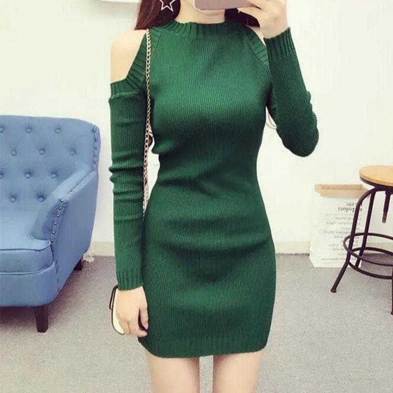 Spring Autumn Women's Knitted Pullover Sweater Sexy  Off-shoulder Long Sleeve Knit Dress Women's Mid-length Bag Hip Base Bodycon Sweater Dress