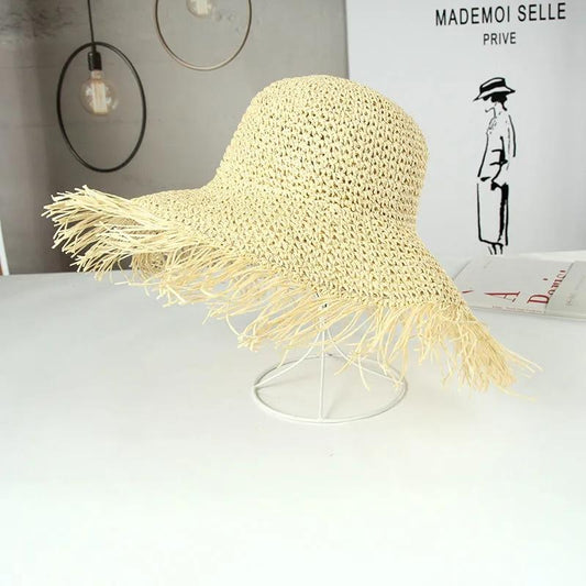 Women's Summer Straw Hat Raw Edge Big Brim Crochet Hat Sunshade Sun Protective Beach Sun Hat Holiday Travel Foldable Anti-UV Hat