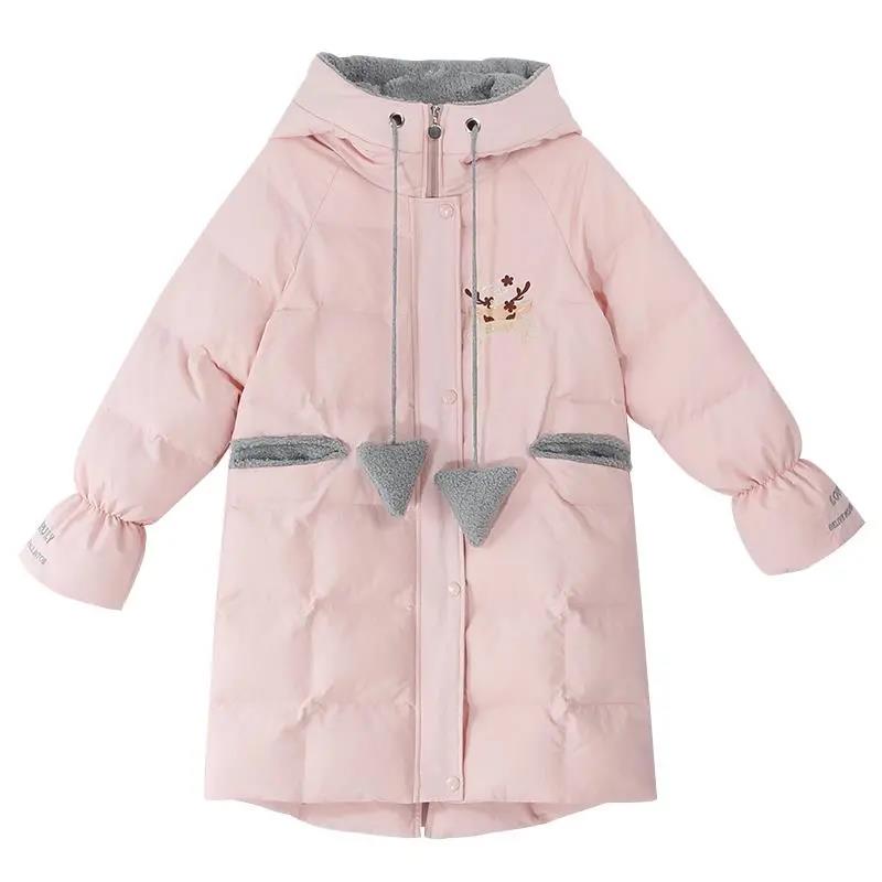 Girls' Cotton Jacket Mid-length Korean Thick Winter Hooded Padded Jacket Windproof and Warm Top