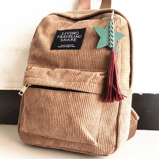 Corduroy Backpack for Women Cute Tassel Student School Bag Casual Knapsack