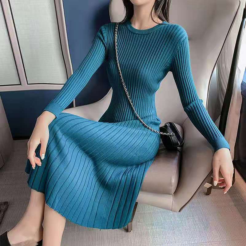 Autumn and Winter Knitted Casual Dress Mid-length Over-the-knee Long-sleeved Base Skirt Pure Color Simple Female Sweater Dress