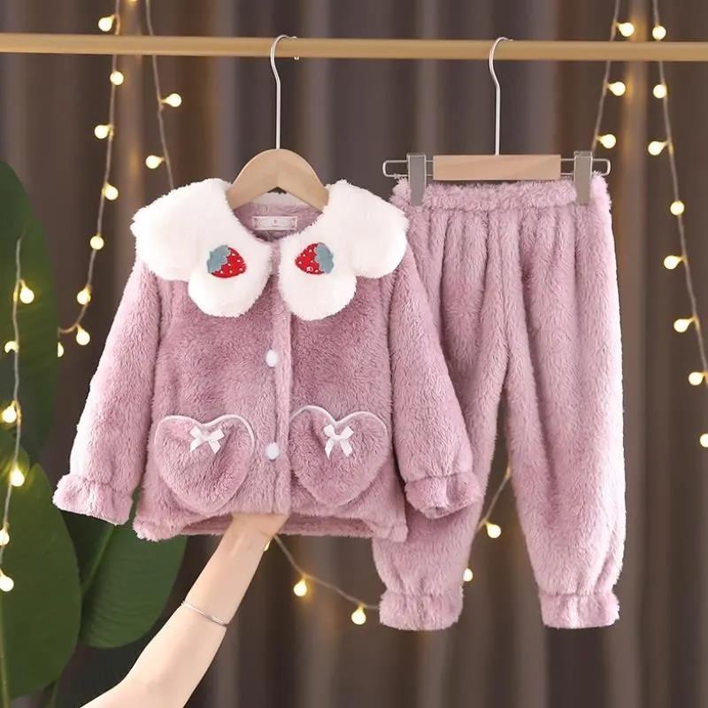 Autumn and Winter Children's Flannel Pajamas Girls Coral Velvet Cute Super Cute Set Baby Middle and Big Children's Girls' Home Clothes