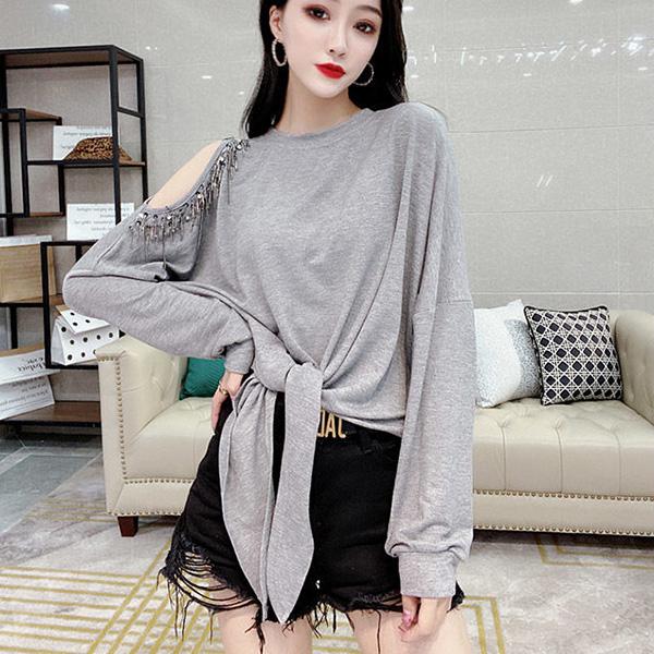 Autumn Round Neck Loose T-shirt Fashion Sexy Off-the-shoulder Tops Solid Color Diamond Coat