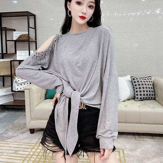 Autumn Round Neck Loose T-shirt Fashion Sexy Off-the-shoulder Tops Solid Color Diamond Coat