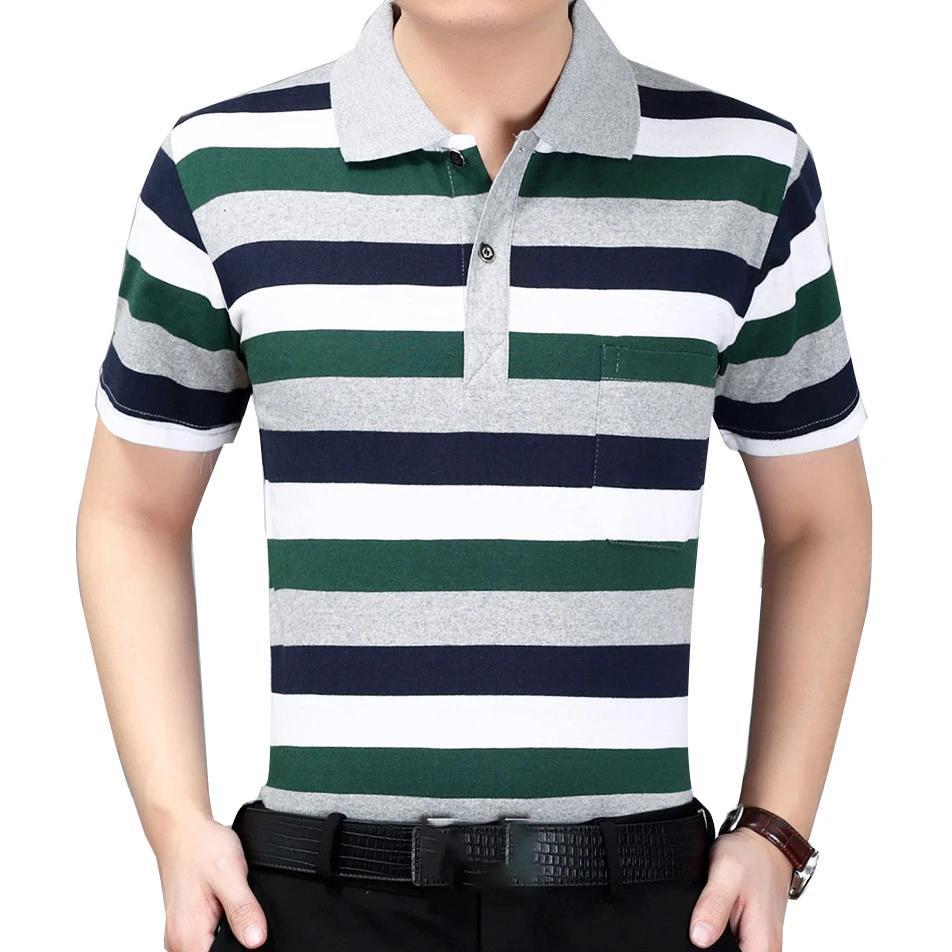 Summer Middle-aged Men's Short-sleeved T-shirt Lapel Dad Wear Summer Loose and Thin Half-sleeved Men's Striped    Shirt