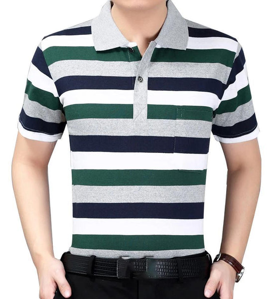 Summer Middle-aged Men's Short-sleeved T-shirt Lapel Dad Wear Summer Loose and Thin Half-sleeved Men's Striped    Shirt