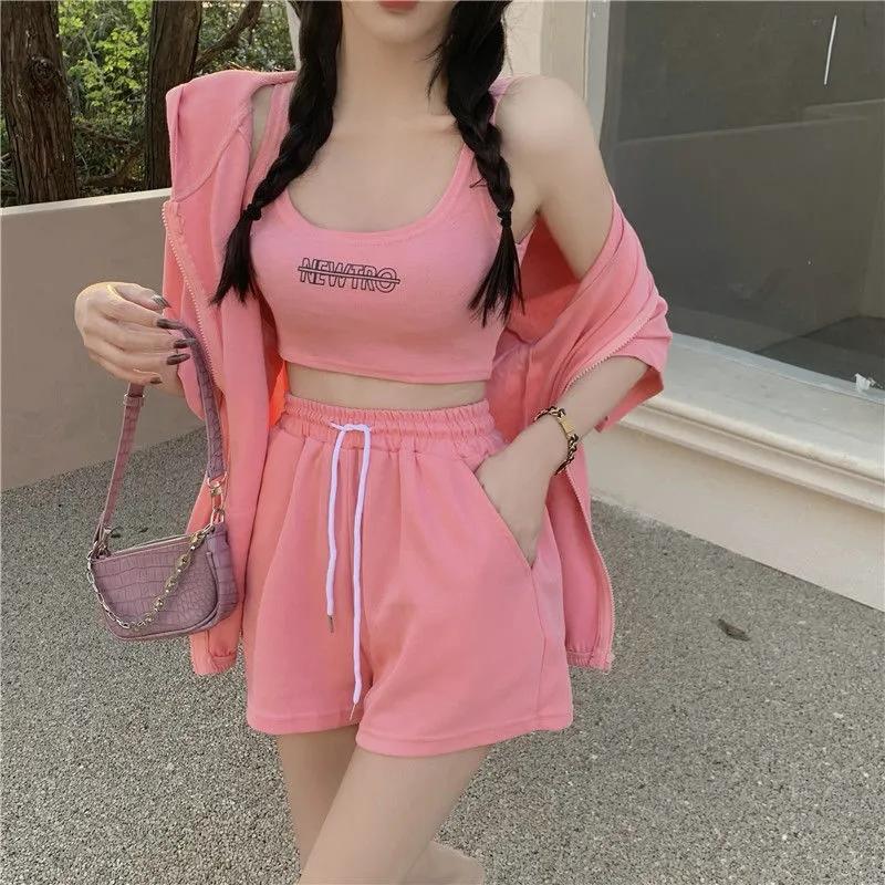 3PCS Casual Sports Suit Ladies Summer Zip Cardigan + Vest + Wide Leg Shorts Three-piece Set Tracksuits Jogging Suits Girls Athletic Clothing