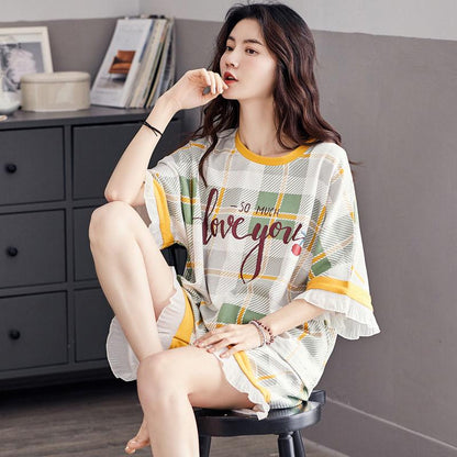 Pajamas women's summer short-sleeved loose-fitting pajamas shorts 100% cotton casual home service