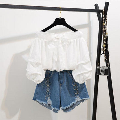 Summer Women's Shorts Set Off Shoulder Slash Neck Bubble Sleeves Blouse Tops and Denim Shorts Two-piece Set