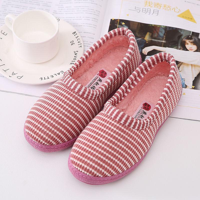 Winter Cotton Slippers Women's Cotton Shoes Bag Heels Cute Stripes Indoor Cotton Slippers Non-slip Warmth Plush Low-top Cotton Shoes