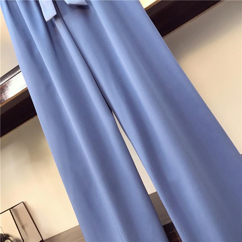 Summer Plus Size Women's Loose and Thin Wide-leg Pants Suit Two-piece V-neck Top + Loose Wide-leg Pants Elegant Lady Professional Wear