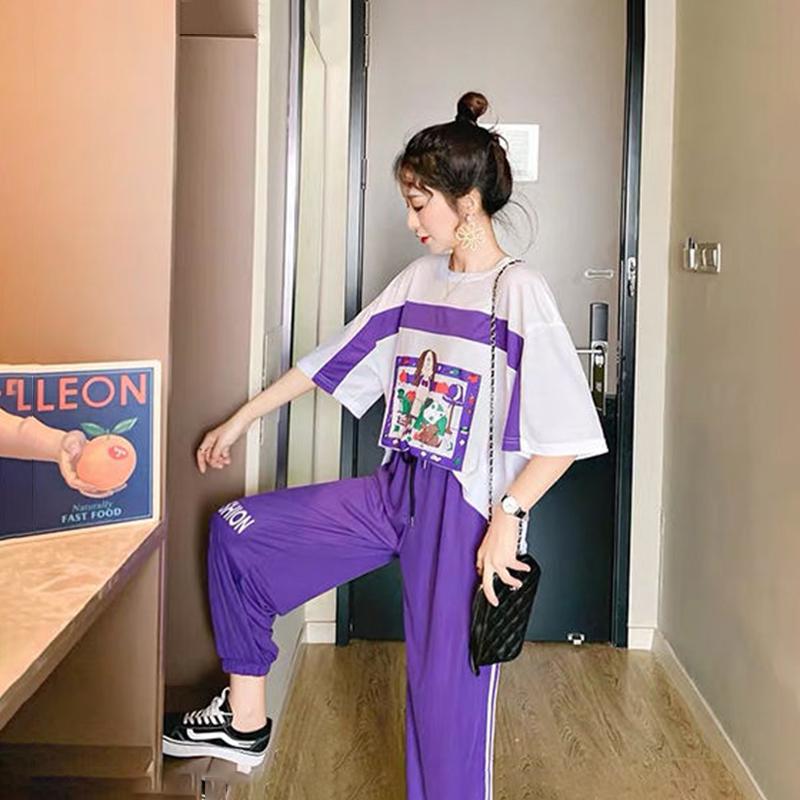 Summer Leisure Suit Women Loose Running Sportswear Two-piece Suit Round Neck T-shirt Short Sleeve + Loose Sports Pants Home Service Suit