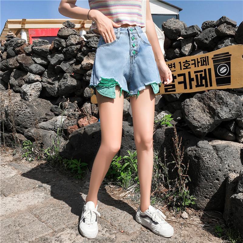 WTEMPO Shredded Denim Shorts Female Student Loose Loose Thin Edge High Waist A Word Wide Leg Pants