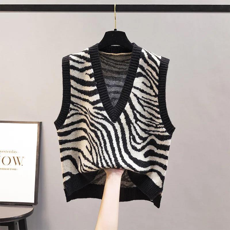 Waistcoat Vest Jacket Autumn Knit Women's Sweater Winter Zebra Pattern Outer Wear Loose V-neck Sleeveless Thin Sweater