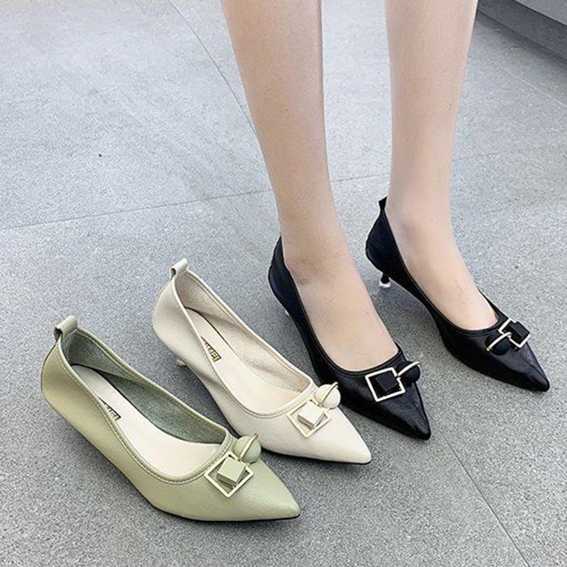 Genuine Leather High-heeled Stiletto All-match Work Women's Shoes Mid-heel Leather Shoes Pointed Toe Non-grinding Single Shoes