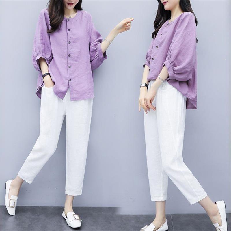 Women's Two-piece Suit Cotton and Linen Loose Middle-sleeved Round Neck Blouse Nine-point Pants Casual Loose Suit Ladies Casual Suit