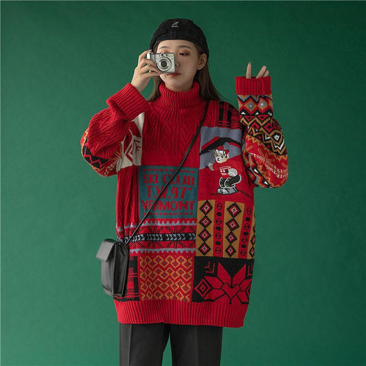 Turtleneck Sweater Female New Year Christmas Wind Red Bear Loose Outside Wear Autumn Winter Retro Knitted Pullovers