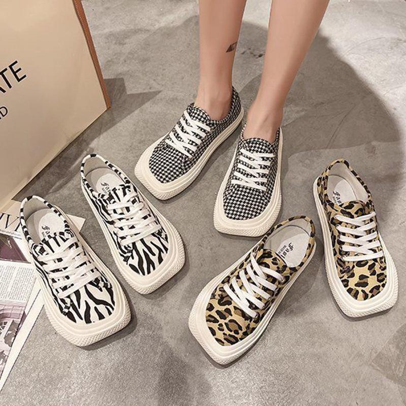 Canvas Shoes Female Students Korean Version of Mango Head Spring Leopard Print Flat Bottom All-match Casual Shoes White Shoes